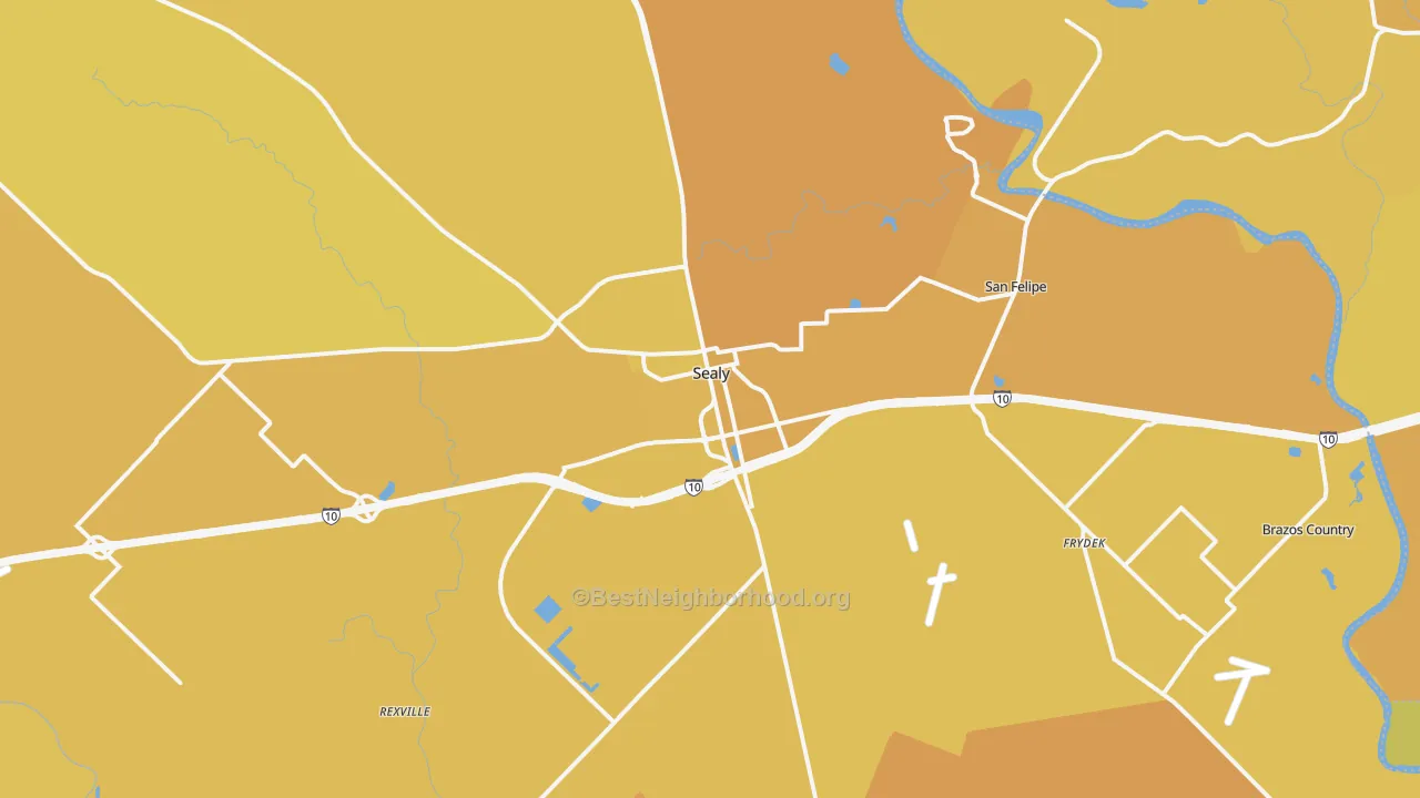 Map of the best neighborhoods in the 77474 area, with better matches in green and worse matches in red