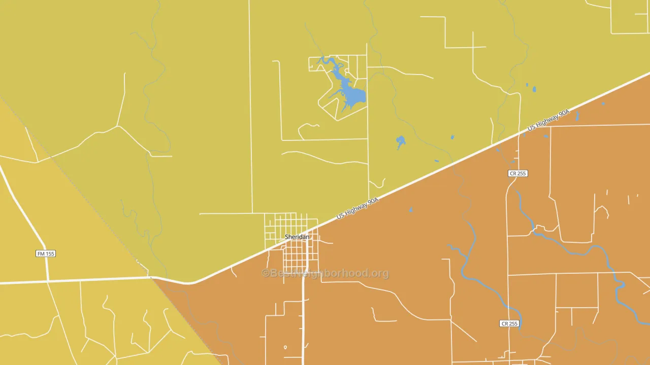 Map of the best neighborhoods in the 77475 area, with better matches in green and worse matches in red