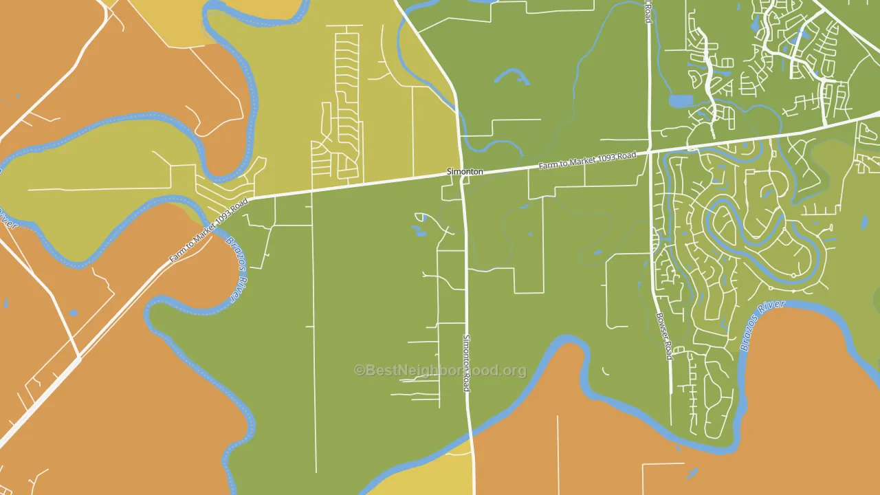 Map of the best neighborhoods in the 77476 area, with better matches in green and worse matches in red