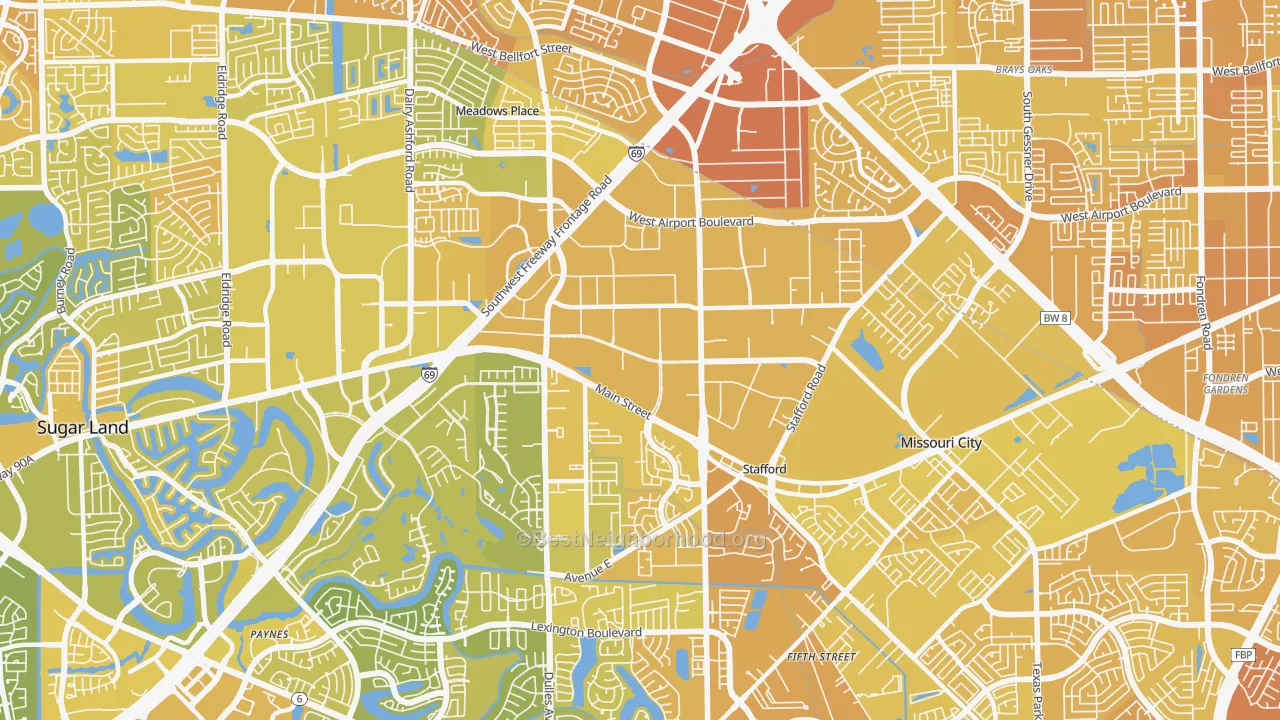 Map of the best neighborhoods in the 77477 area, with better matches in green and worse matches in red