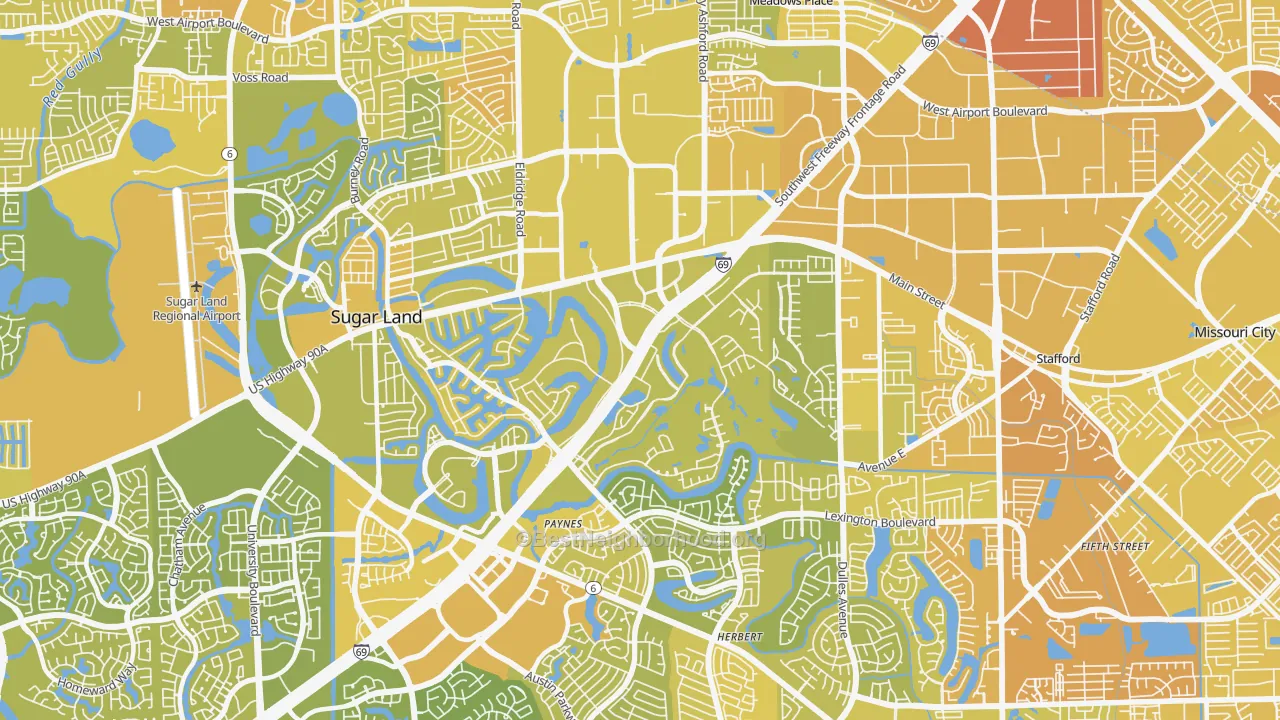 Map of the best neighborhoods in the 77478 area, with better matches in green and worse matches in red