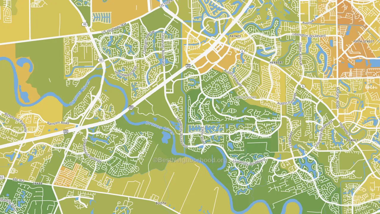 Map of the best neighborhoods in the 77479 area, with better matches in green and worse matches in red