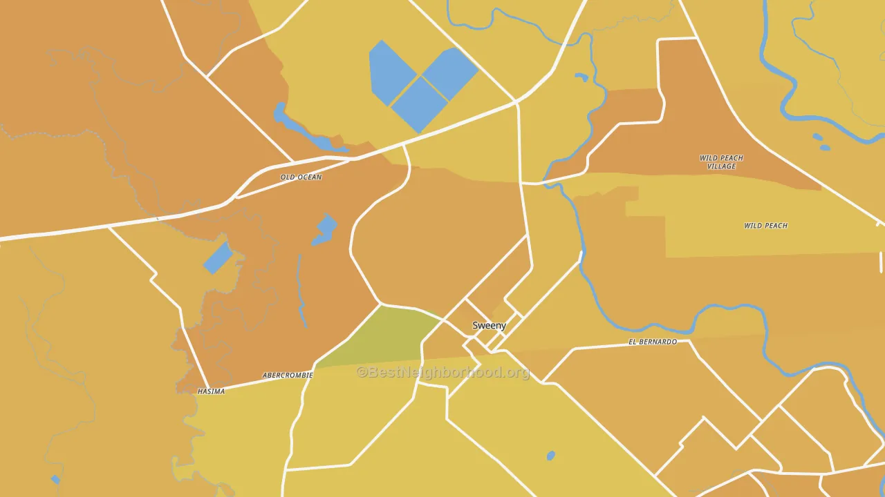 Map of the best neighborhoods in the 77480 area, with better matches in green and worse matches in red