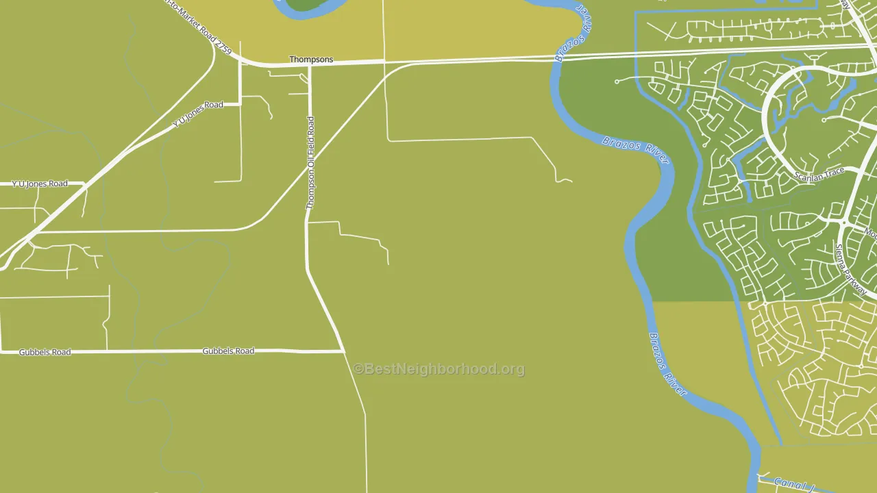 Map of the best neighborhoods in the 77481 area, with better matches in green and worse matches in red