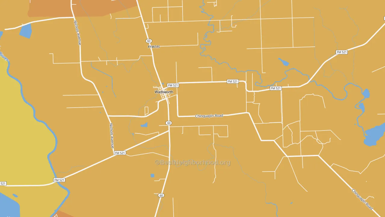 Map of the best neighborhoods in the 77483 area, with better matches in green and worse matches in red