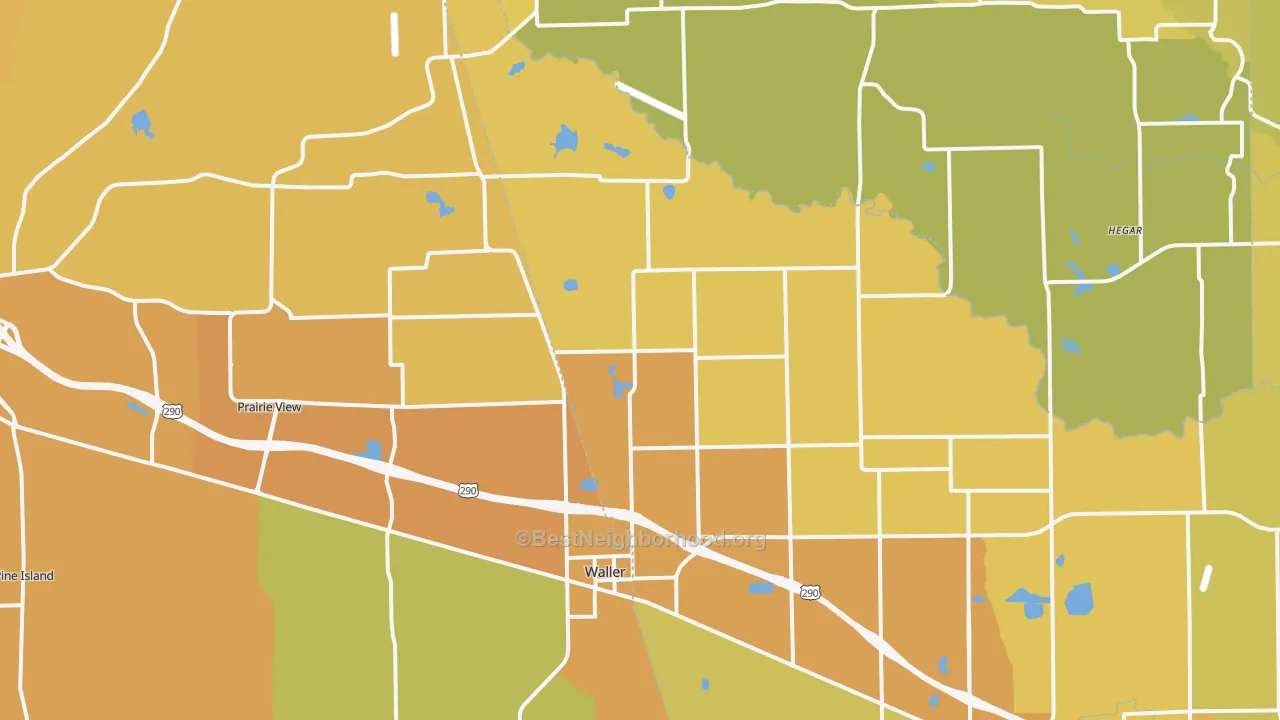 Map of the best neighborhoods in the 77484 area, with better matches in green and worse matches in red