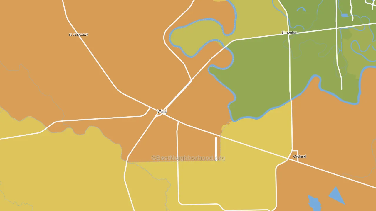 Map of the best neighborhoods in the 77485 area, with better matches in green and worse matches in red