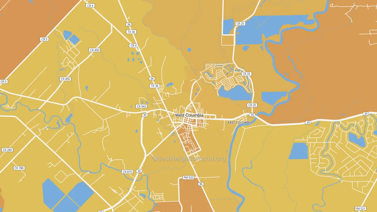 Map of the best neighborhoods in the 77486 area, with better matches in green and worse matches in red