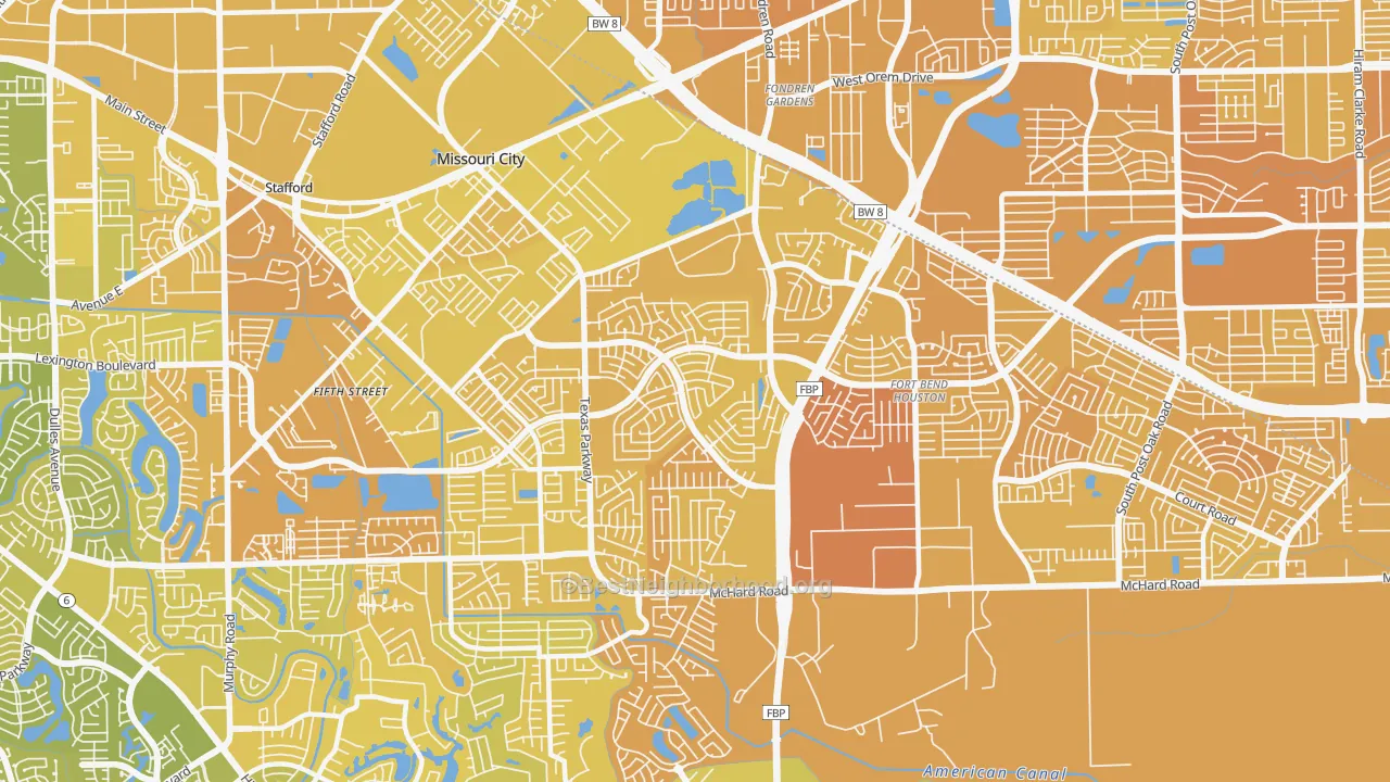 Map of the best neighborhoods in the 77489 area, with better matches in green and worse matches in red