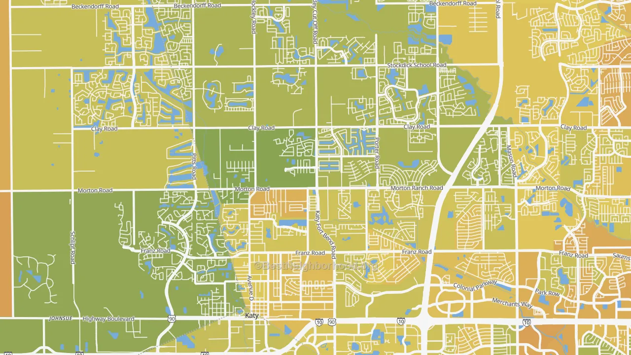 Map of the best neighborhoods in the 77493 area, with better matches in green and worse matches in red