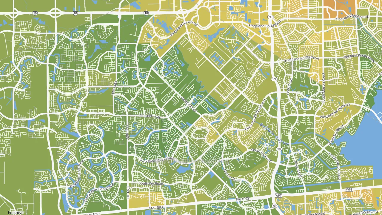 Map of the best neighborhoods in the 77494 area, with better matches in green and worse matches in red