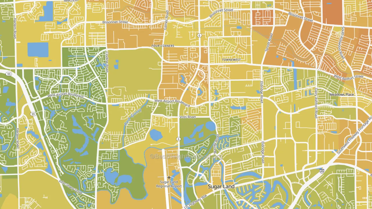 Map of the best neighborhoods in the 77498 area, with better matches in green and worse matches in red