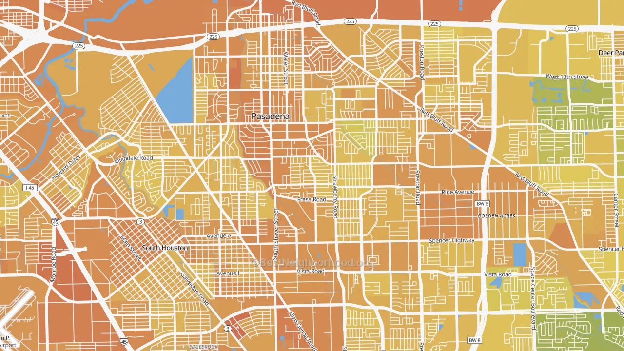 Map of the best neighborhoods in the 77502 area, with better matches in green and worse matches in red