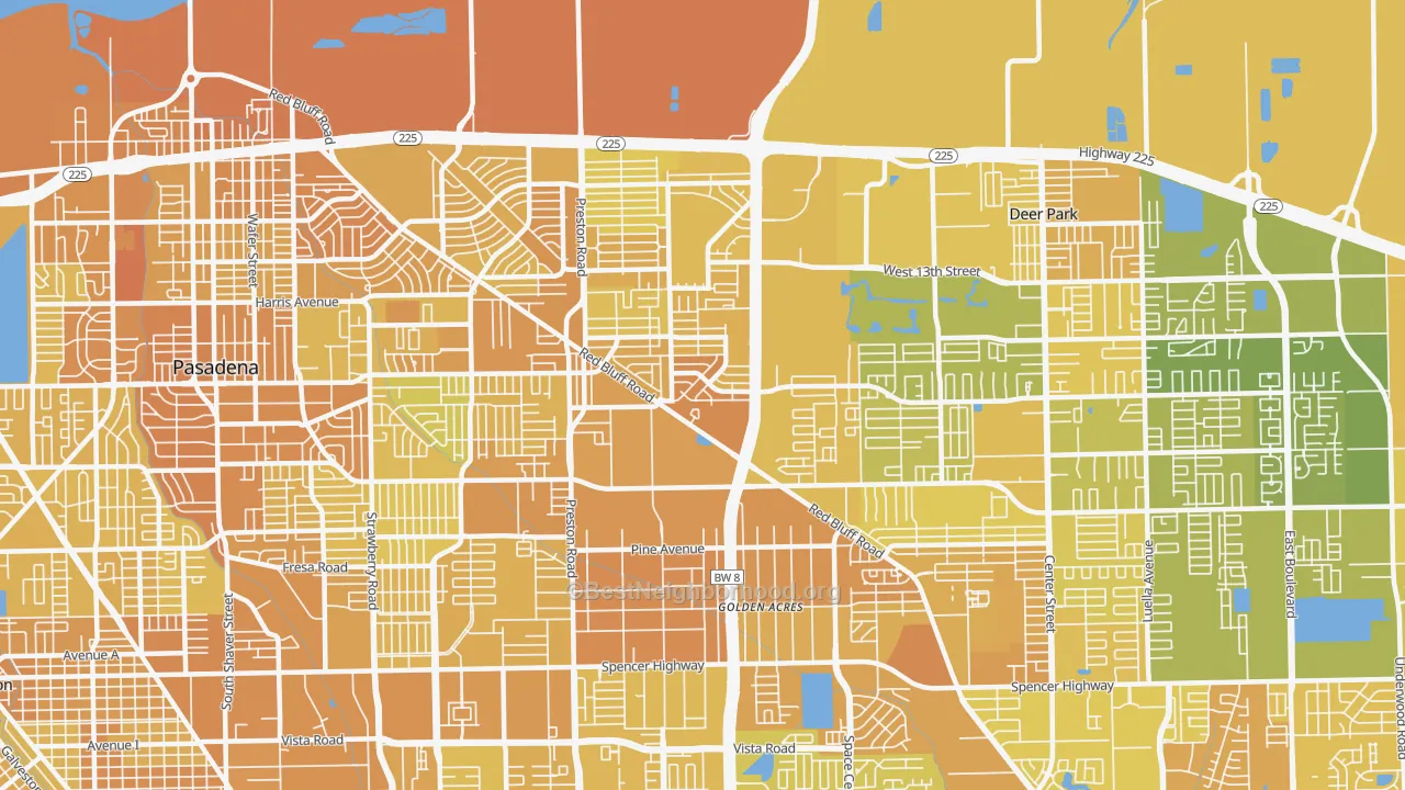 Map of the best neighborhoods in the 77503 area, with better matches in green and worse matches in red