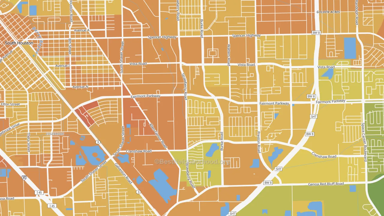 Map of the best neighborhoods in the 77504 area, with better matches in green and worse matches in red
