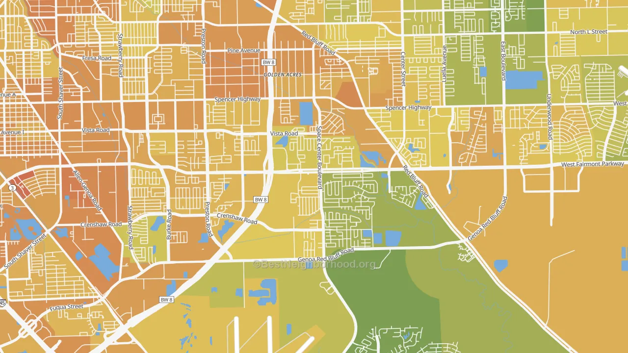 Map of the best neighborhoods in the 77505 area, with better matches in green and worse matches in red