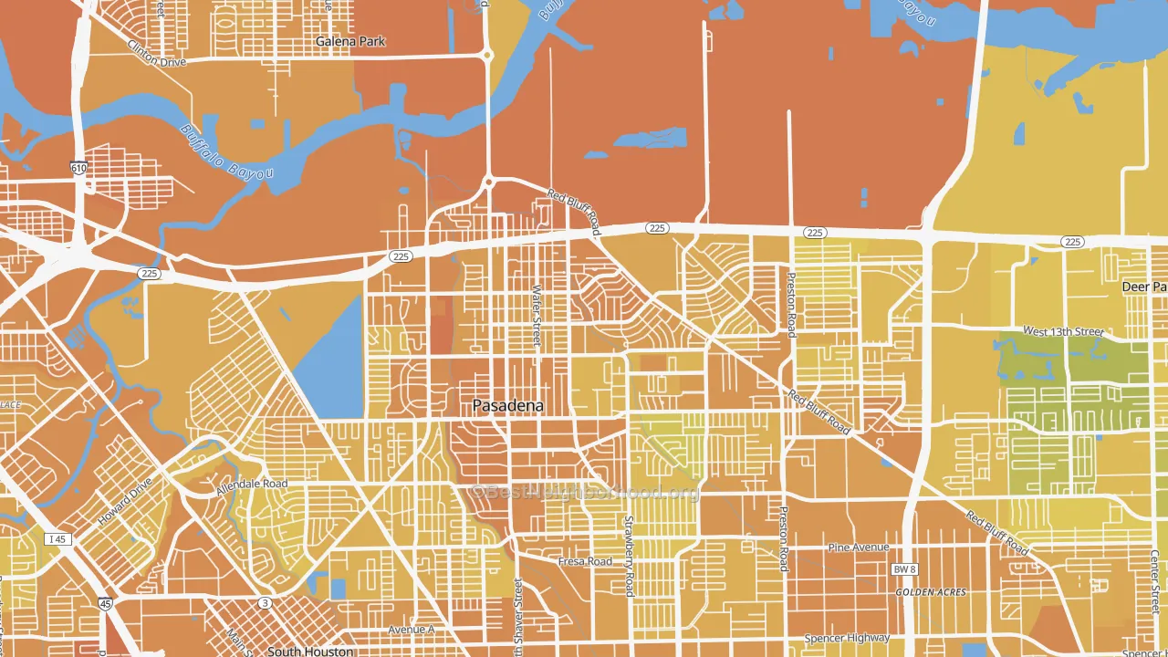 Map of the best neighborhoods in the 77506 area, with better matches in green and worse matches in red