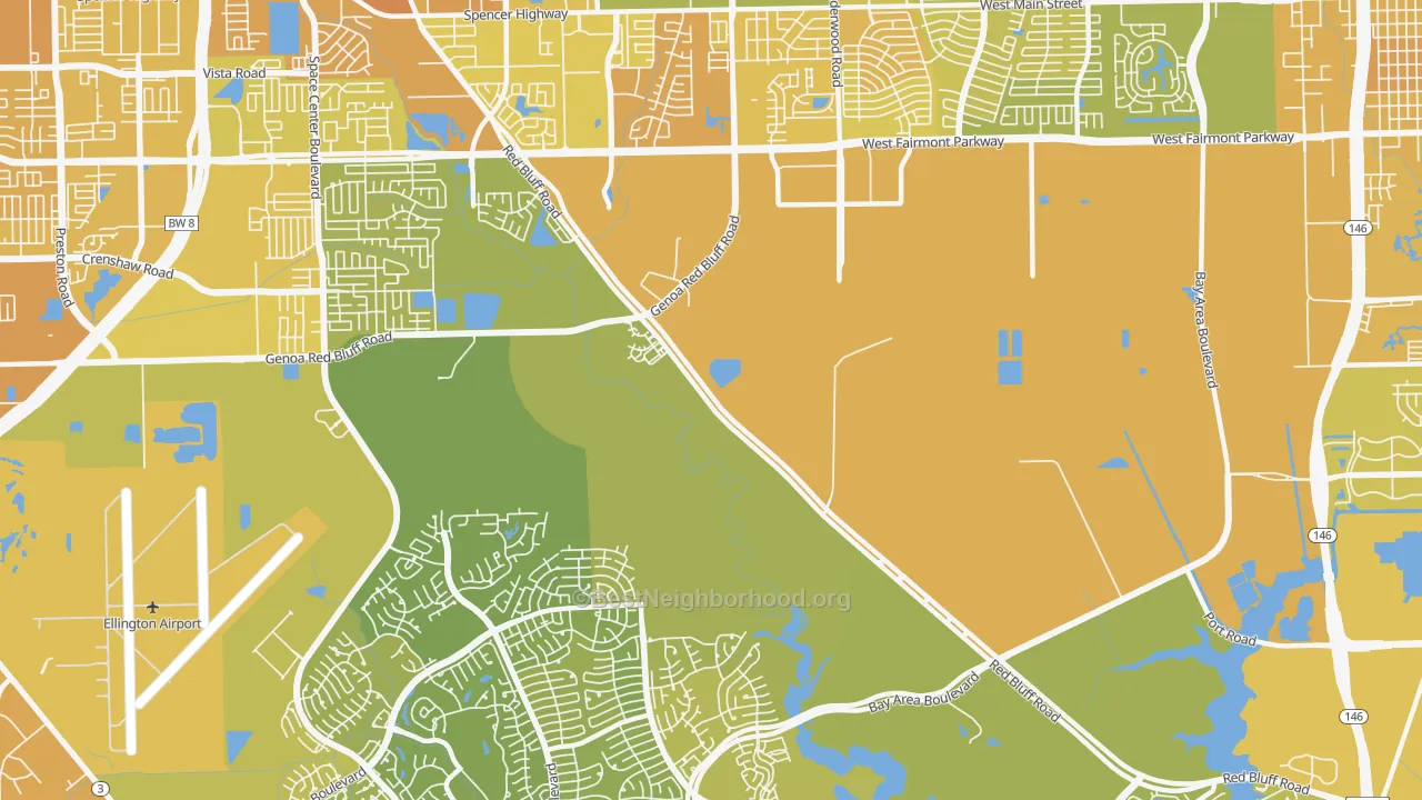 Map of the best neighborhoods in the 77507 area, with better matches in green and worse matches in red