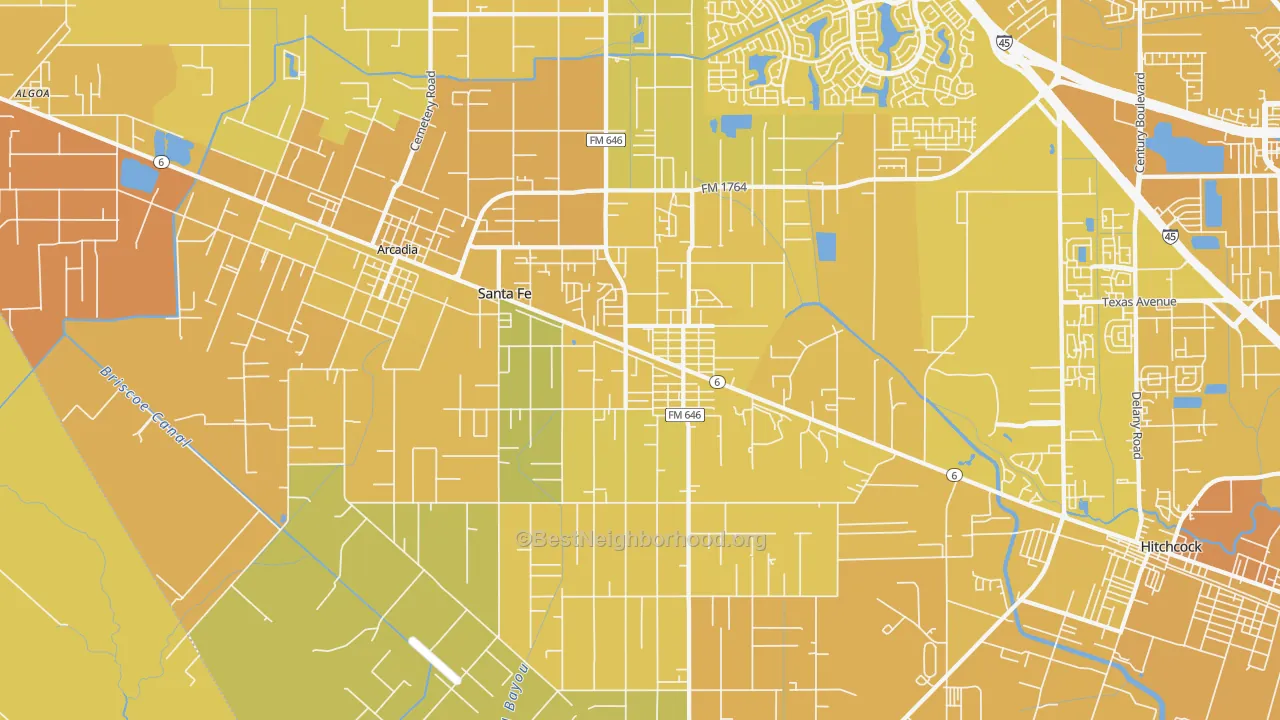 Map of the best neighborhoods in the 77510 area, with better matches in green and worse matches in red