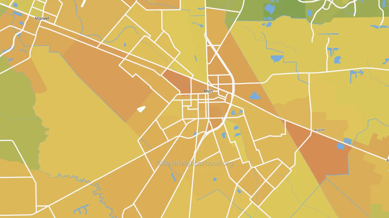 Map of the best neighborhoods in the 77511 area, with better matches in green and worse matches in red