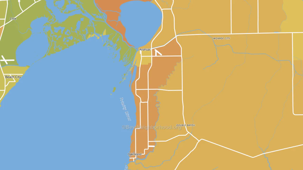 Map of the best neighborhoods in the 77514 area, with better matches in green and worse matches in red