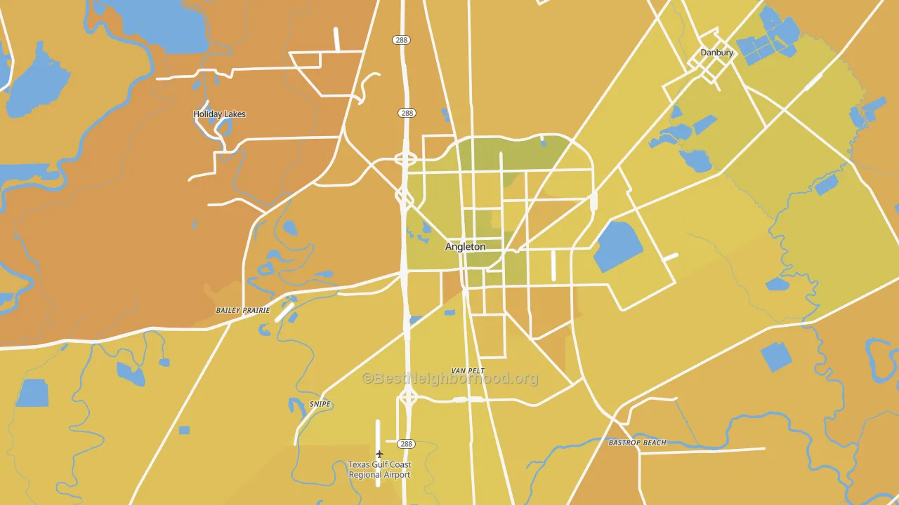 Map of the best neighborhoods in the 77515 area, with better matches in green and worse matches in red