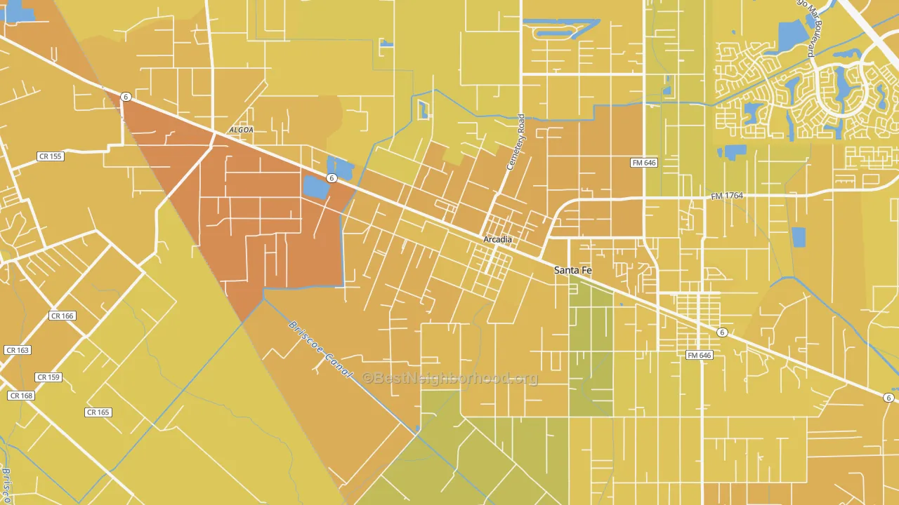 Map of the best neighborhoods in the 77517 area, with better matches in green and worse matches in red
