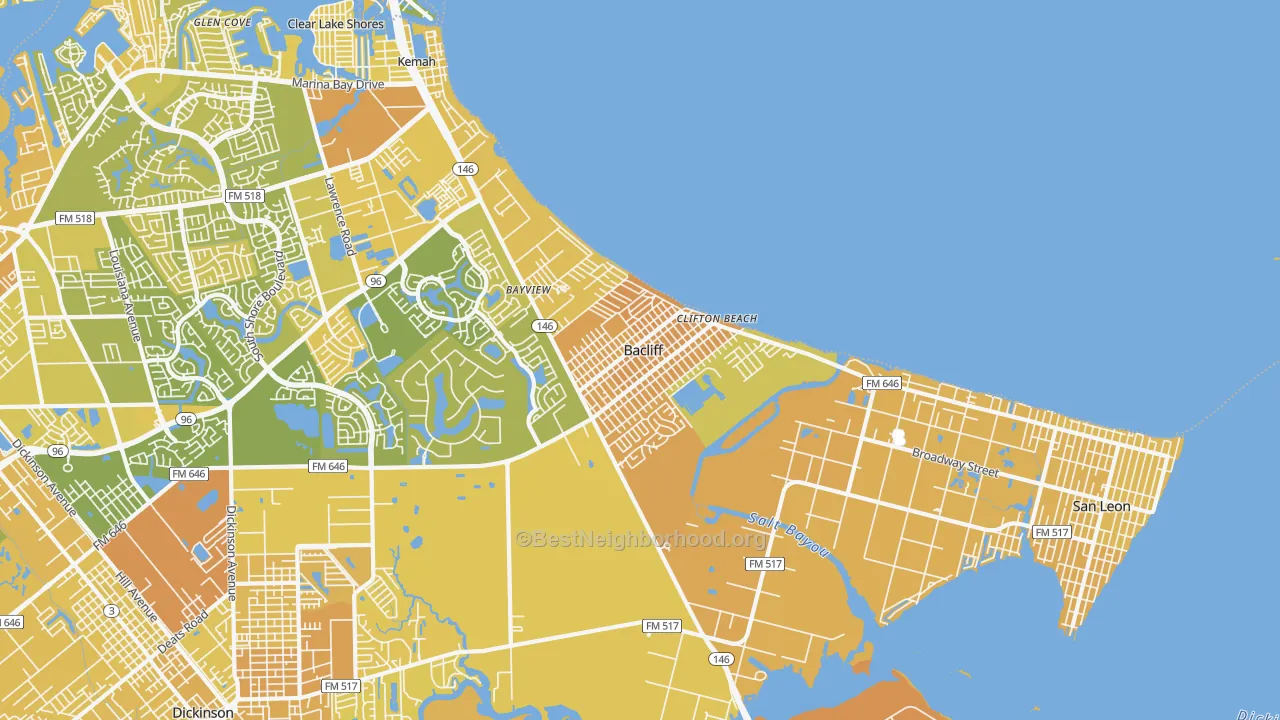 Map of the best neighborhoods in the 77518 area, with better matches in green and worse matches in red
