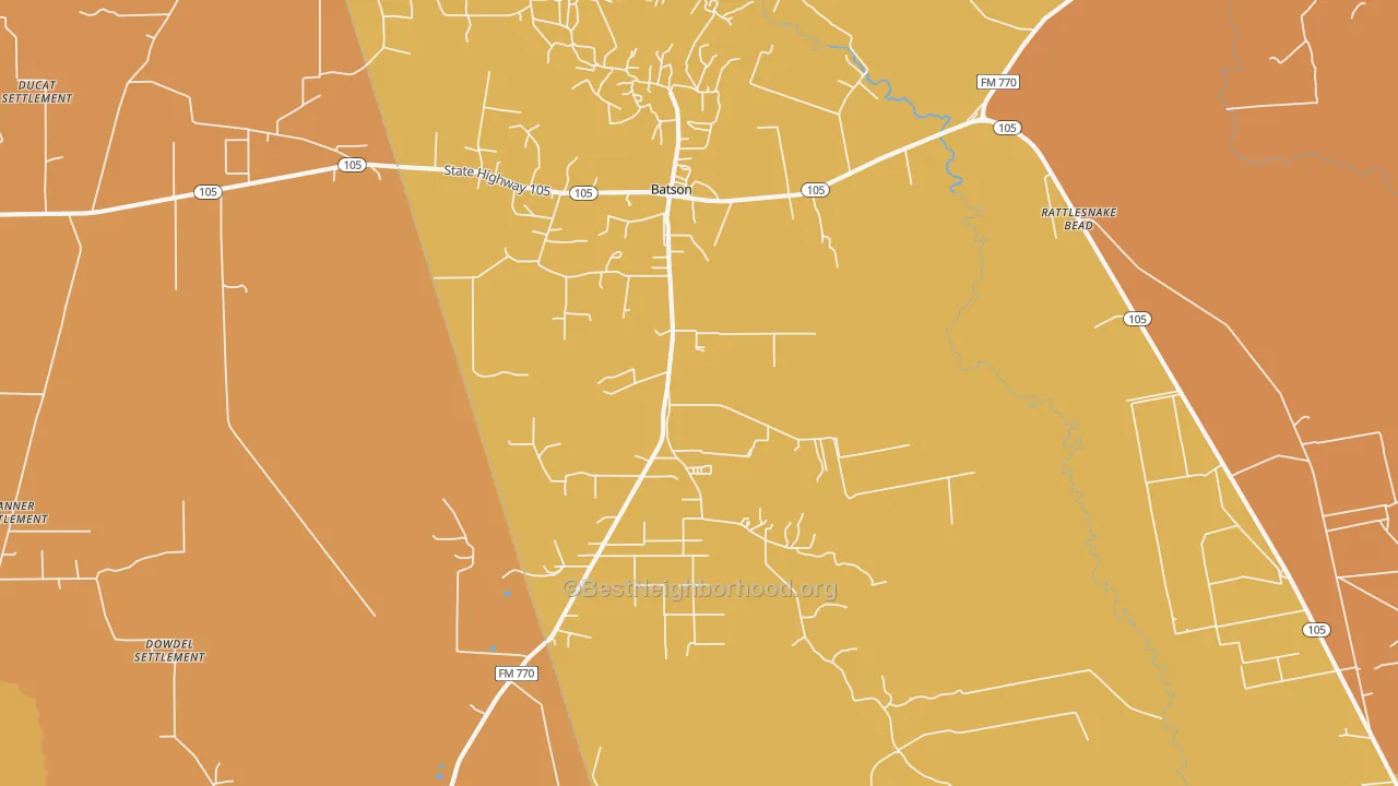 Map of the best neighborhoods in the 77519 area, with better matches in green and worse matches in red