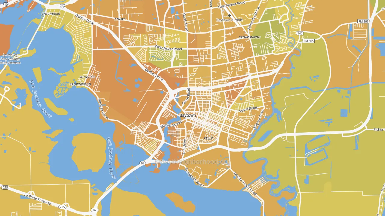 Map of the best neighborhoods in the 77520 area, with better matches in green and worse matches in red
