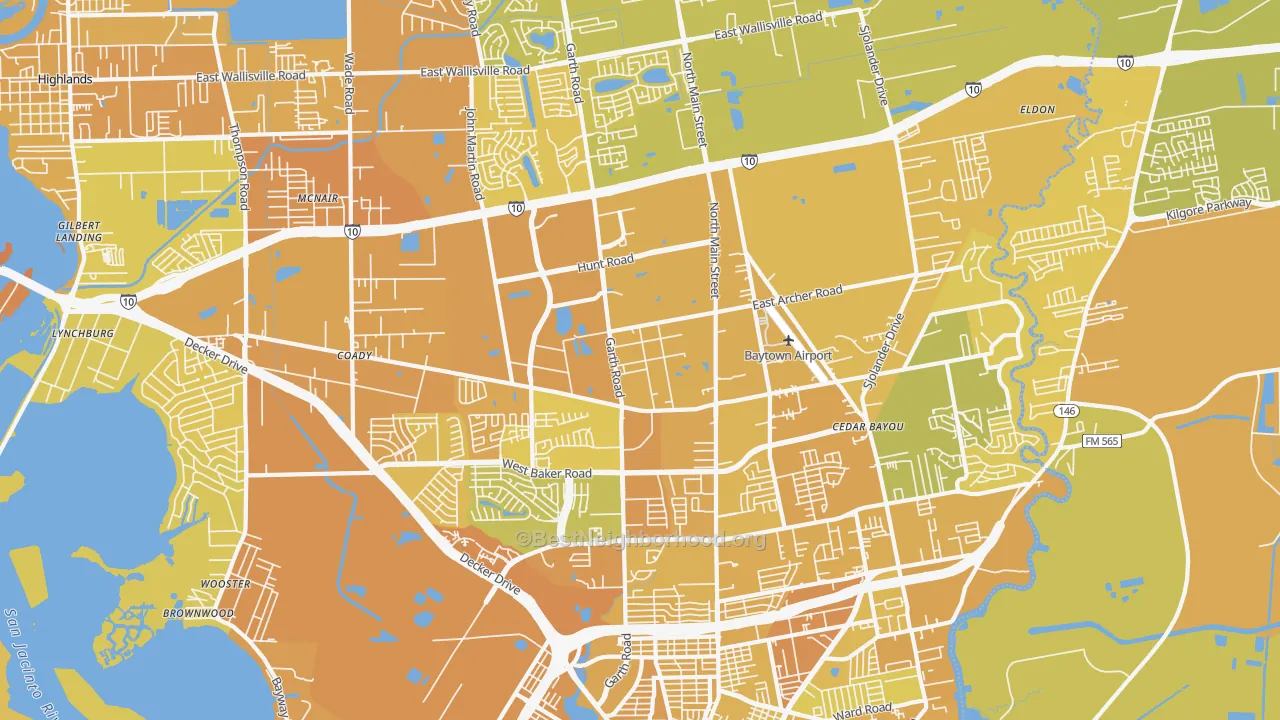 Map of the best neighborhoods in the 77521 area, with better matches in green and worse matches in red