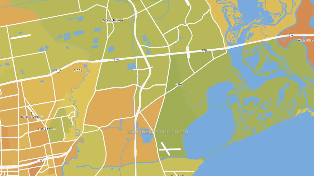 Map of the best neighborhoods in the 77523 area, with better matches in green and worse matches in red