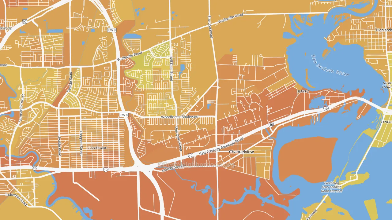 Map of the best neighborhoods in the 77530 area, with better matches in green and worse matches in red