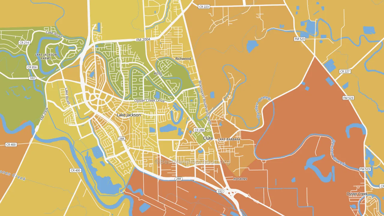 Map of the best neighborhoods in the 77531 area, with better matches in green and worse matches in red