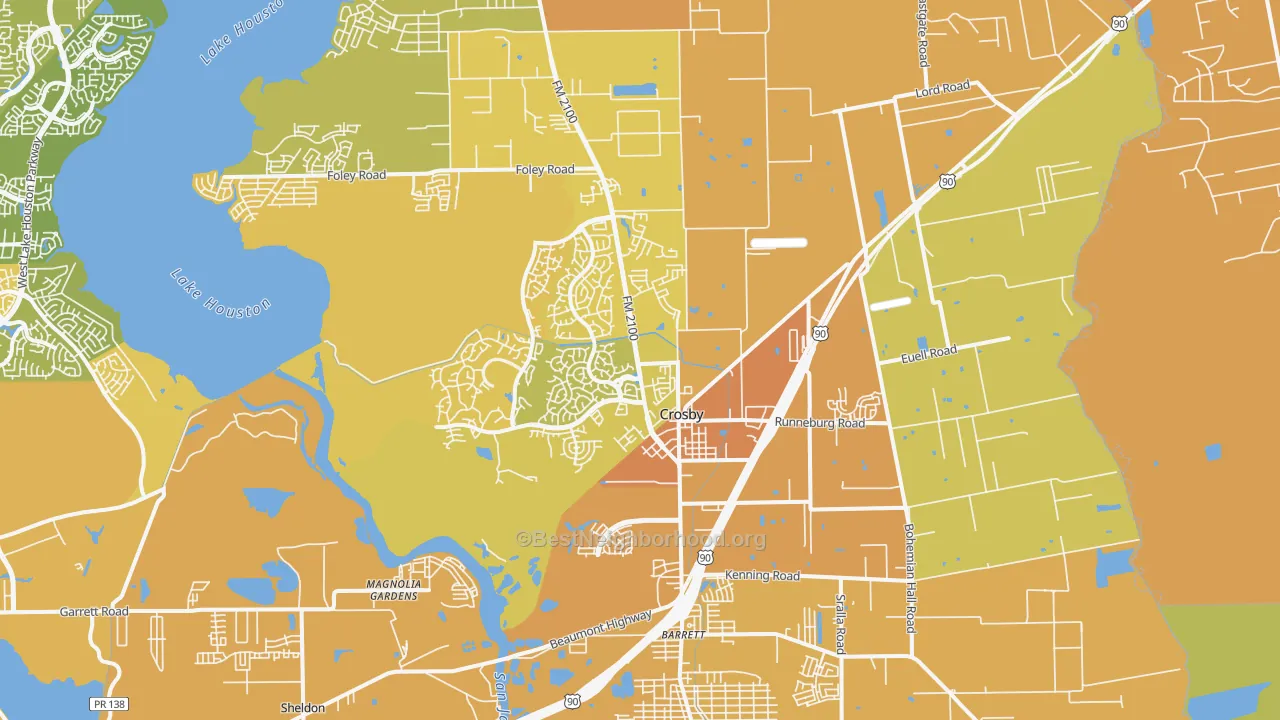 Map of the best neighborhoods in the 77532 area, with better matches in green and worse matches in red