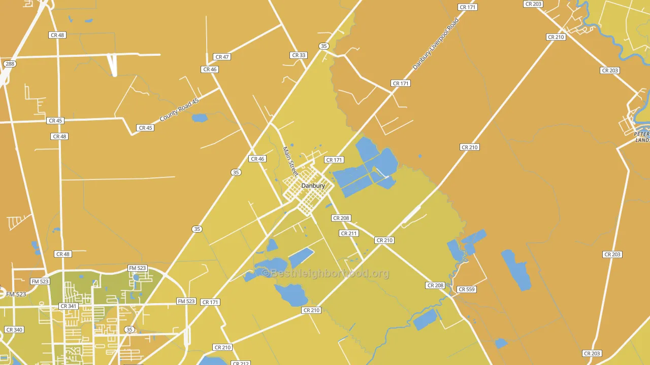 Map of the best neighborhoods in the 77534 area, with better matches in green and worse matches in red