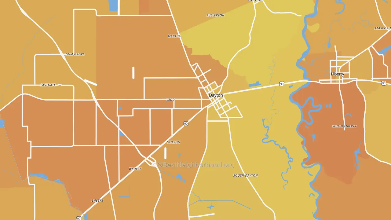 Map of the best neighborhoods in the 77535 area, with better matches in green and worse matches in red