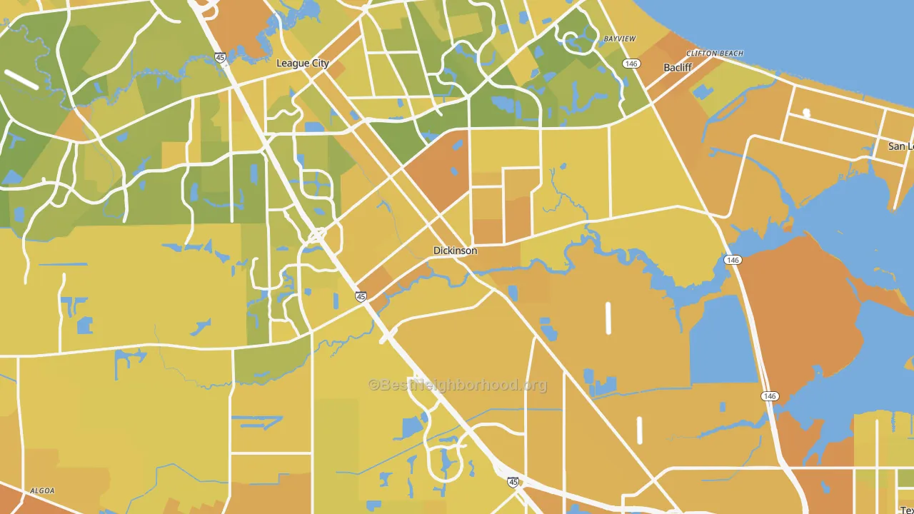 Map of the best neighborhoods in the 77539 area, with better matches in green and worse matches in red