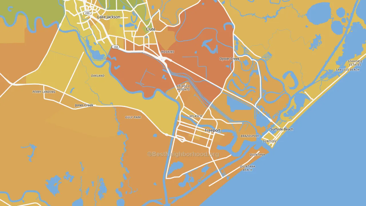 Map of the best neighborhoods in the 77541 area, with better matches in green and worse matches in red