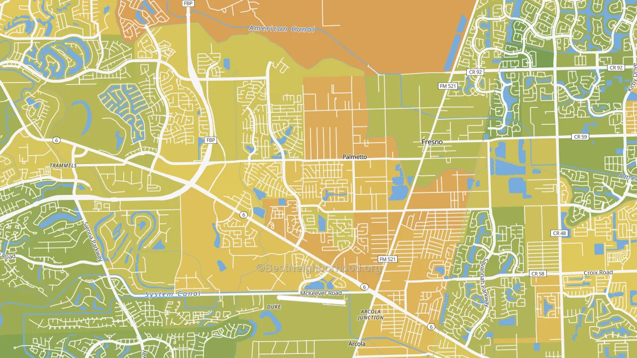 Map of the best neighborhoods in the 77545 area, with better matches in green and worse matches in red