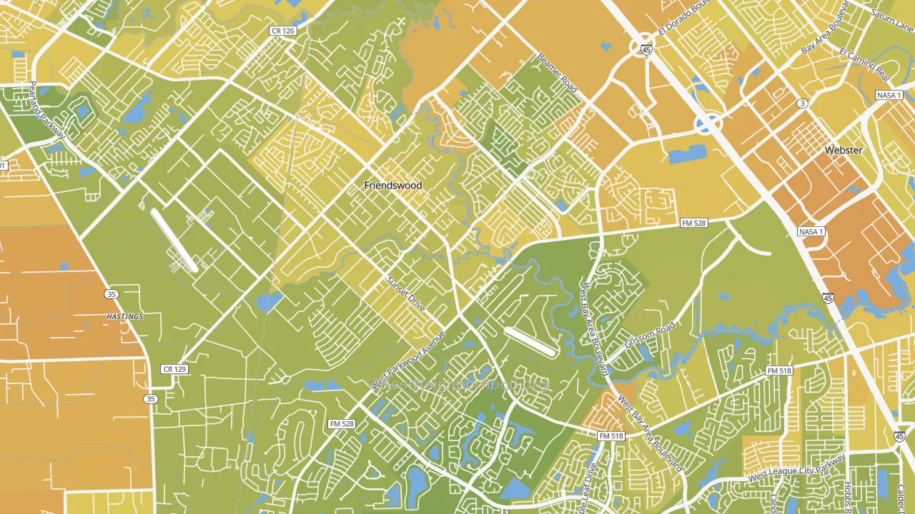 Map of the best neighborhoods in the 77546 area, with better matches in green and worse matches in red