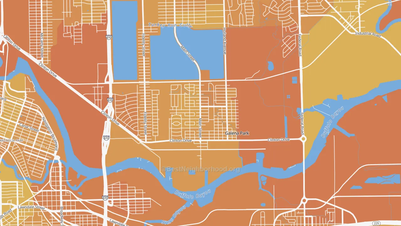 Map of the best neighborhoods in the 77547 area, with better matches in green and worse matches in red