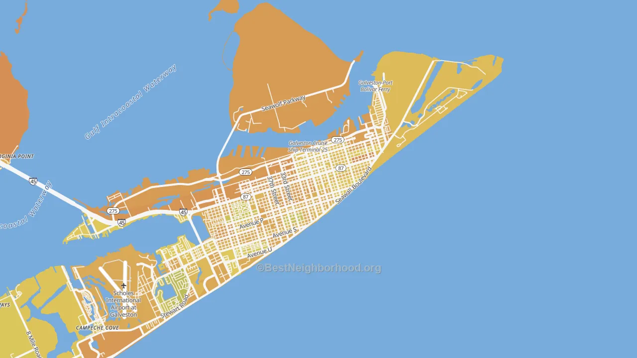 Map of the best neighborhoods in the 77550 area, with better matches in green and worse matches in red