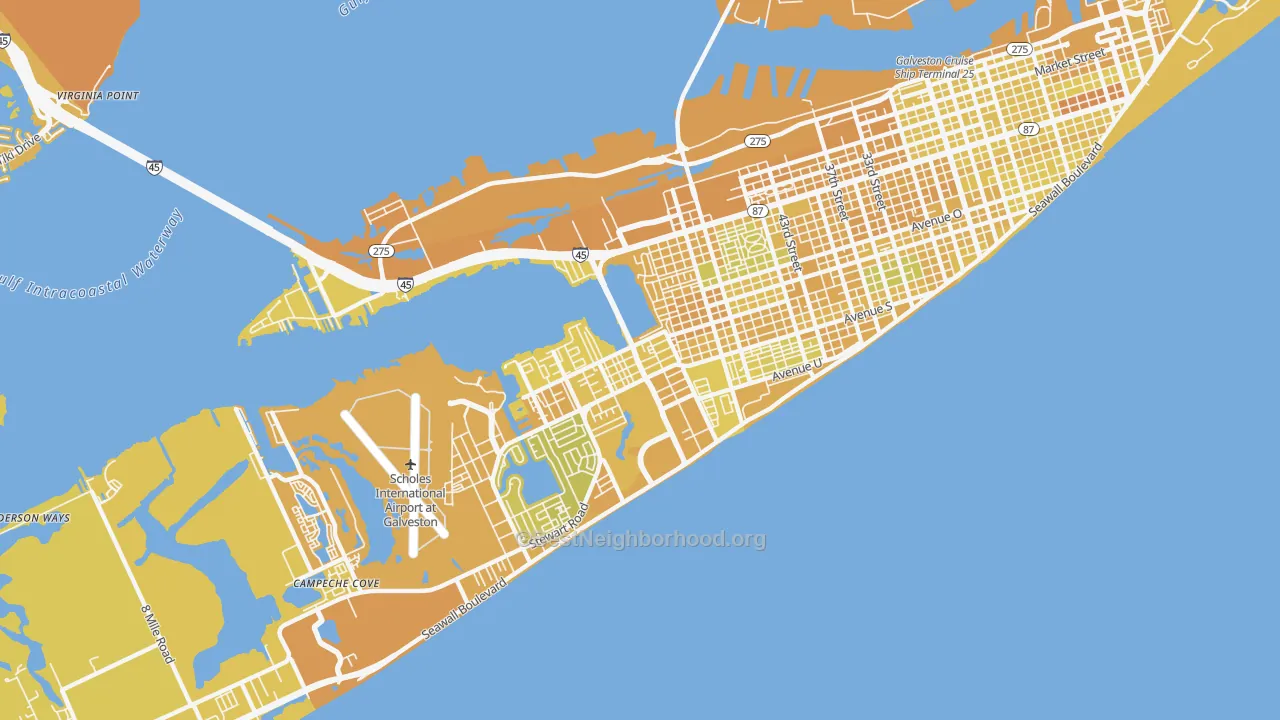 Map of the best neighborhoods in the 77551 area, with better matches in green and worse matches in red