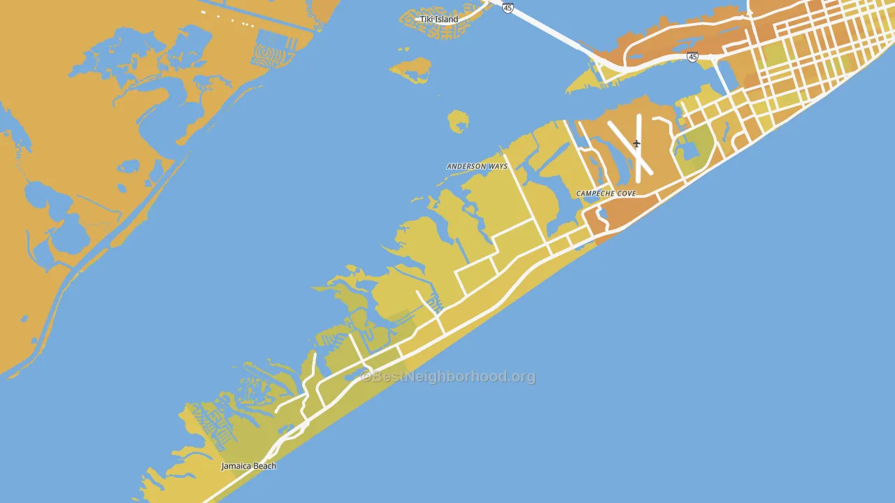 Map of the best neighborhoods in the 77554 area, with better matches in green and worse matches in red