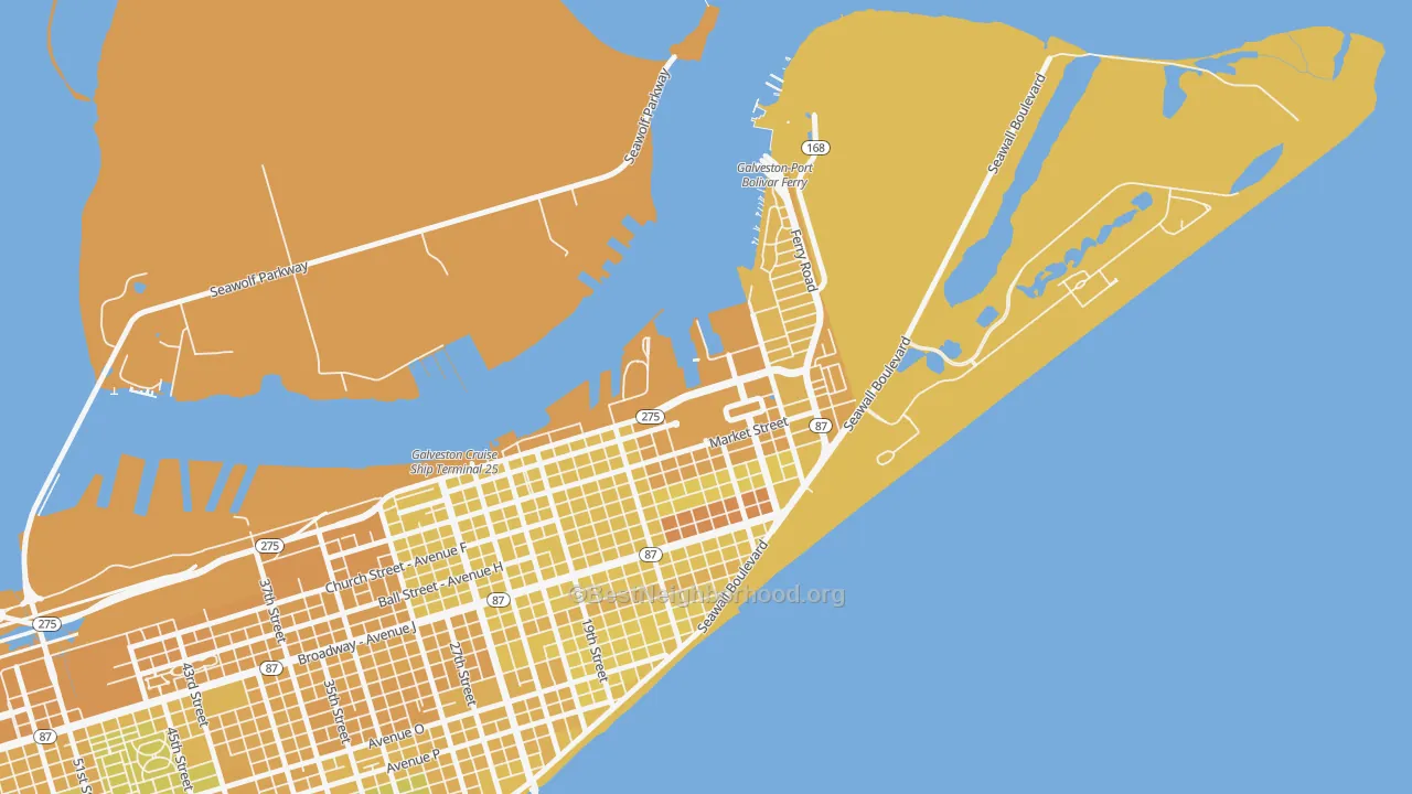 Map of the best neighborhoods in the 77555 area, with better matches in green and worse matches in red