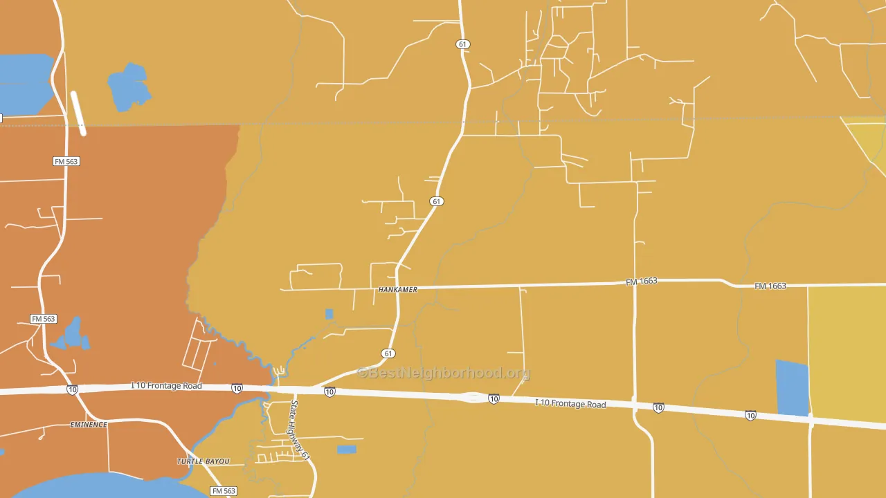 Map of the best neighborhoods in the 77560 area, with better matches in green and worse matches in red