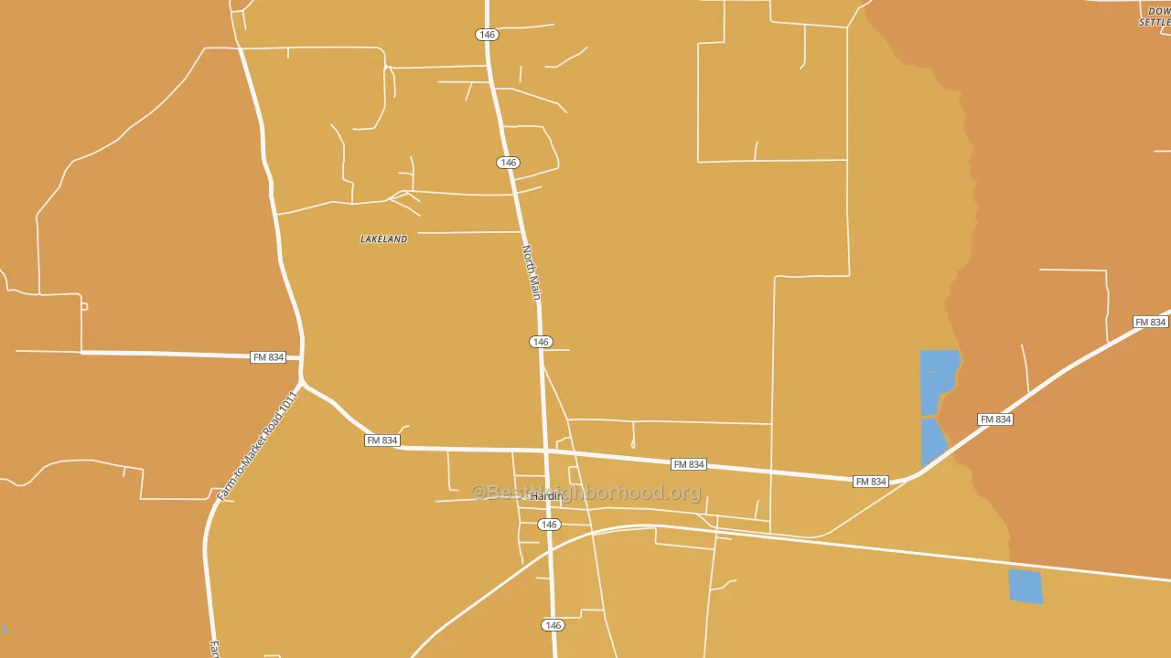 Map of the best neighborhoods in the 77561 area, with better matches in green and worse matches in red