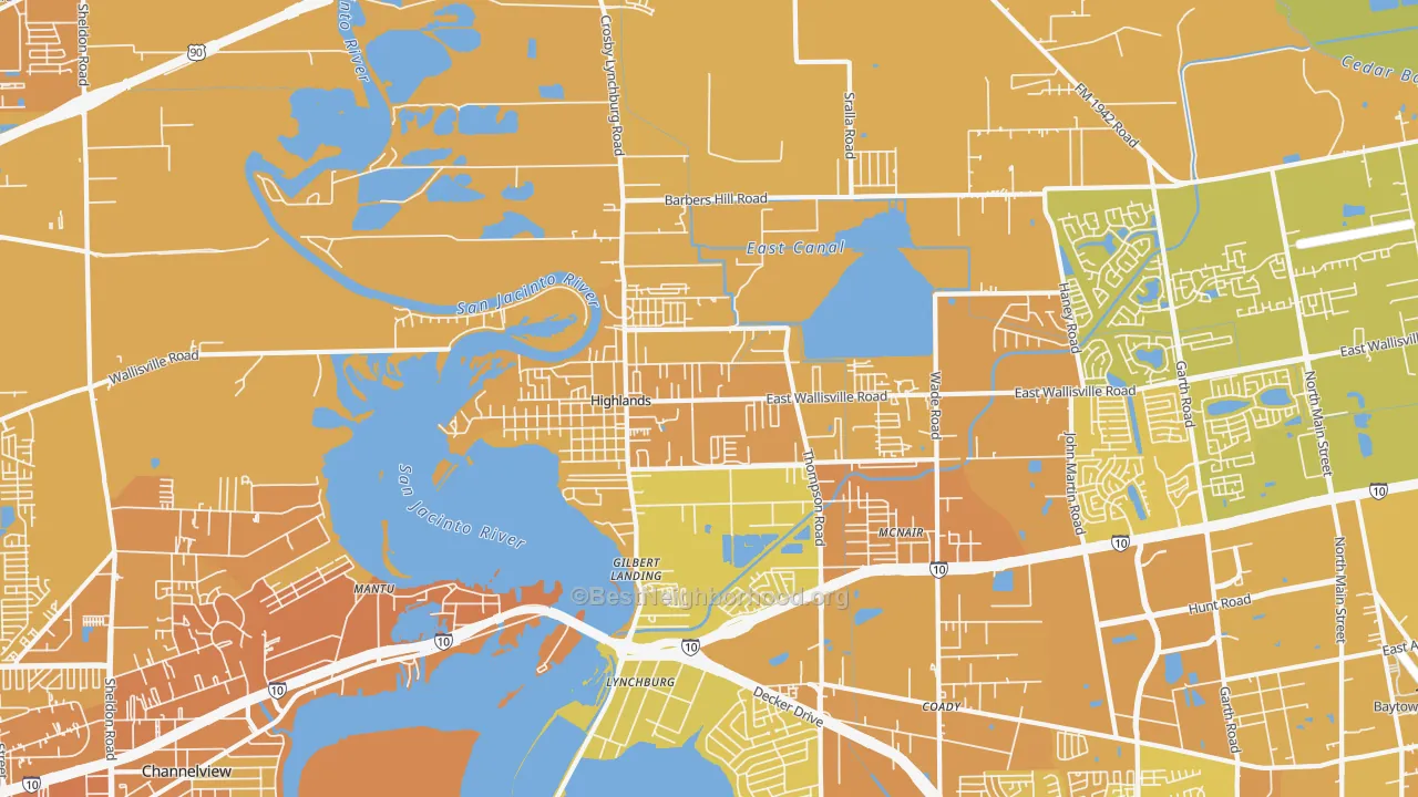 Map of the best neighborhoods in the 77562 area, with better matches in green and worse matches in red
