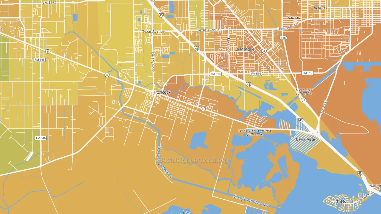 Map of the best neighborhoods in the 77563 area, with better matches in green and worse matches in red